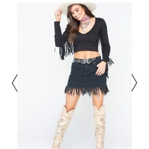 SHYANNE Women's Black Fringe Denim Skirt